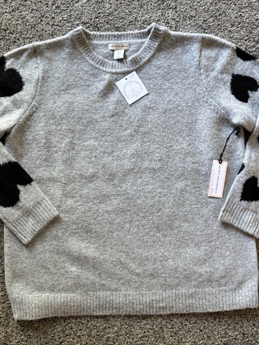 Cupcakes and cashmere grey sweater black hearts